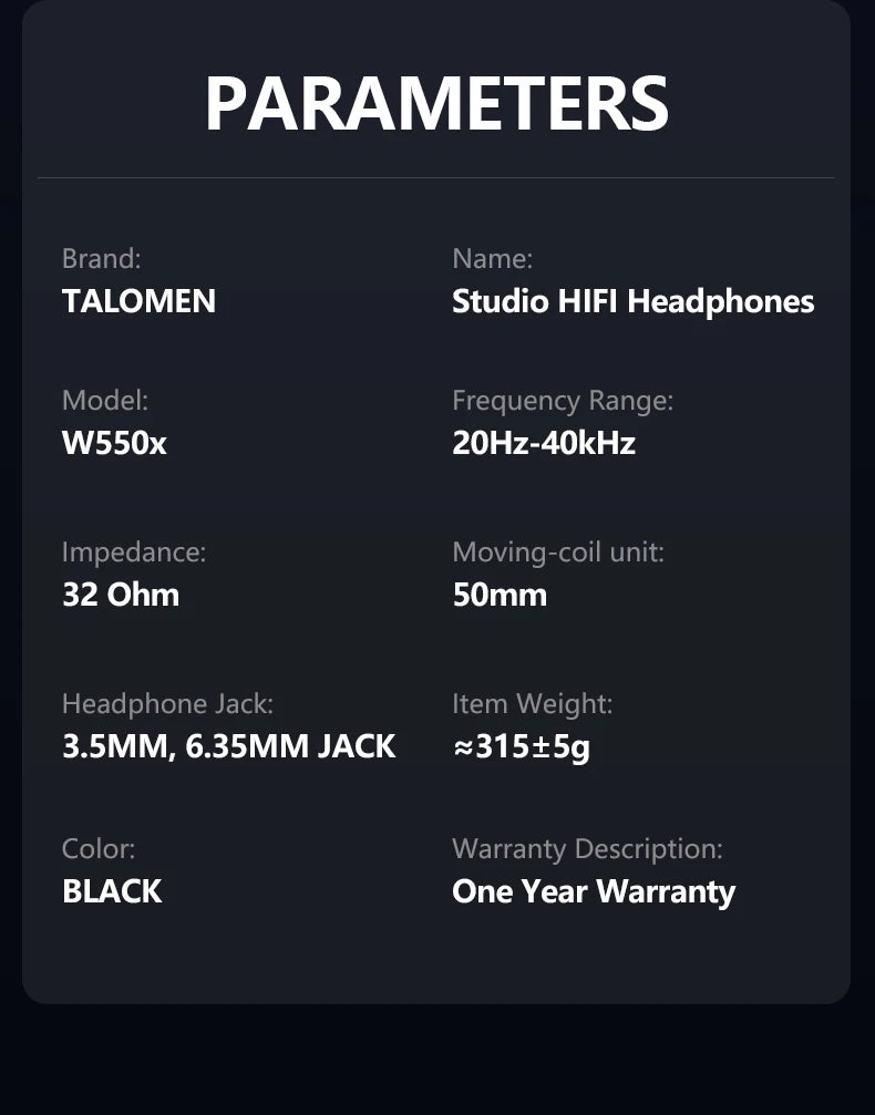 Auscultadores de Estúdio TALOMEN W550x – Auscultadores Profissionais de DJ com Fio, Over-Ear, para Monitorização, com Drivers de 50mm e Cabo Amovível