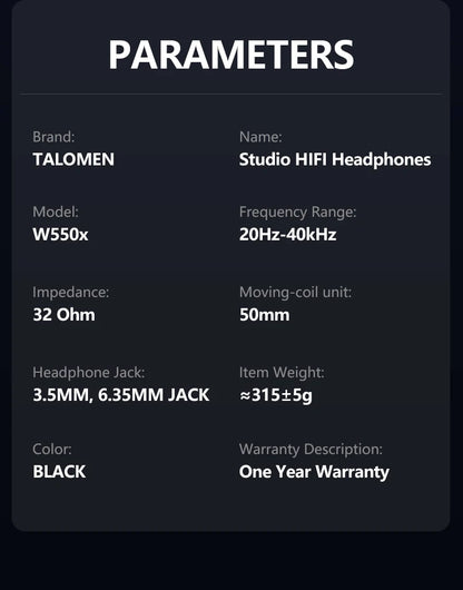 Auscultadores de Estúdio TALOMEN W550x – Auscultadores Profissionais de DJ com Fio, Over-Ear, para Monitorização, com Drivers de 50mm e Cabo Amovível