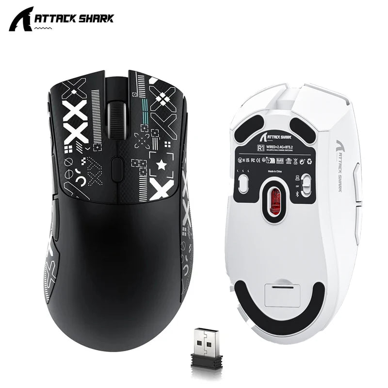 Rato Gaming Sem Fios Attack Shark R1 Leve Bluetooth 2.4G PAW3311 18000DPI Ergonómico com Macro