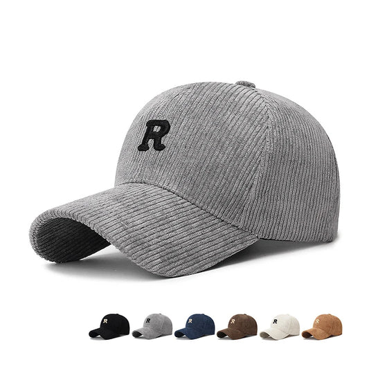 Corduroy Baseball Cap with 3D Embroidered 'R' Letter Solid Color Adjustable Structured Hat Stylish Fall and Winter Accessory