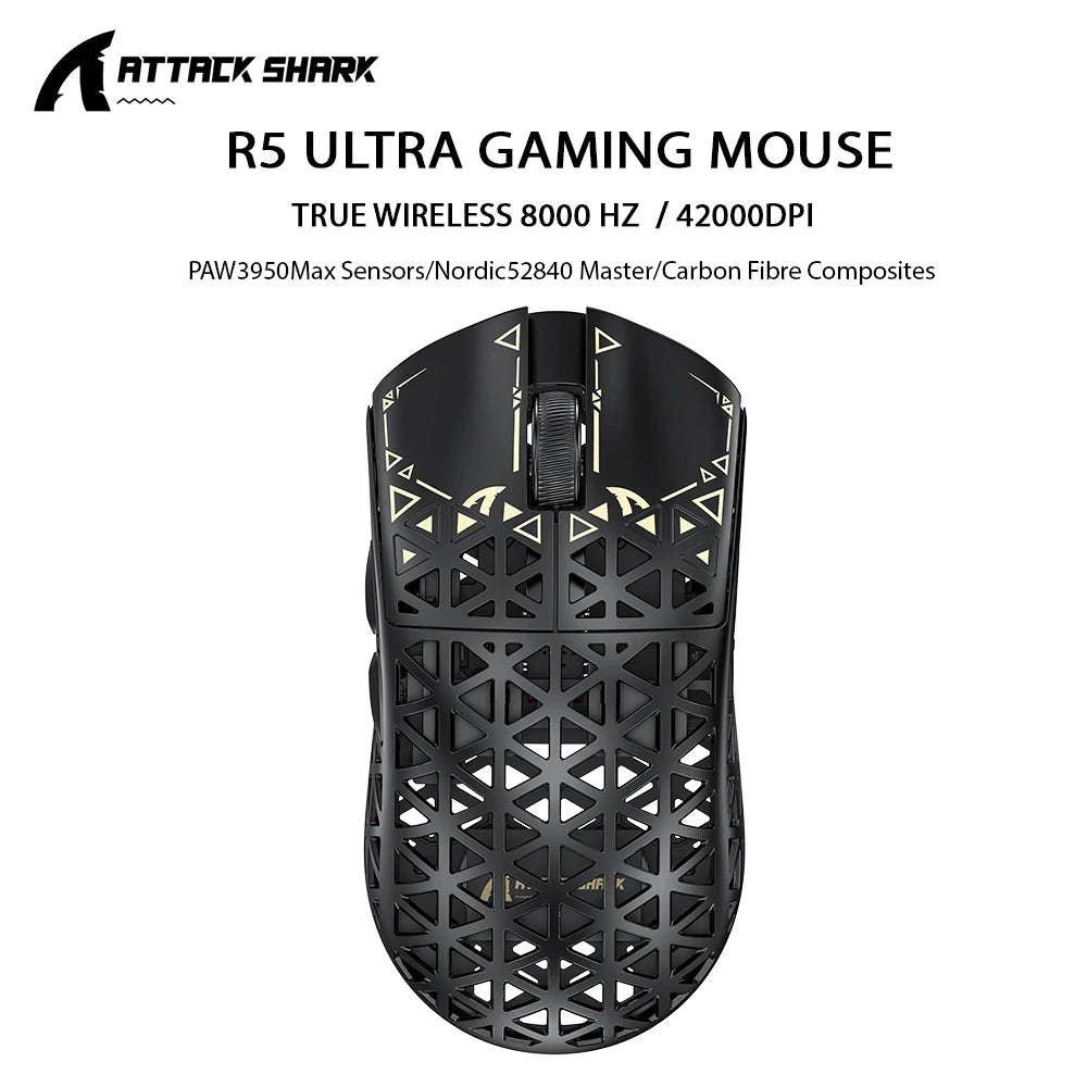ATTACK SHARK R5 ULTRA Kabellose Gaming-Maus – 8K Polling, PAW3950MAX-Sensor, 42,000 DPI, ultraleicht aus Carbonfaser für Pro-Esport