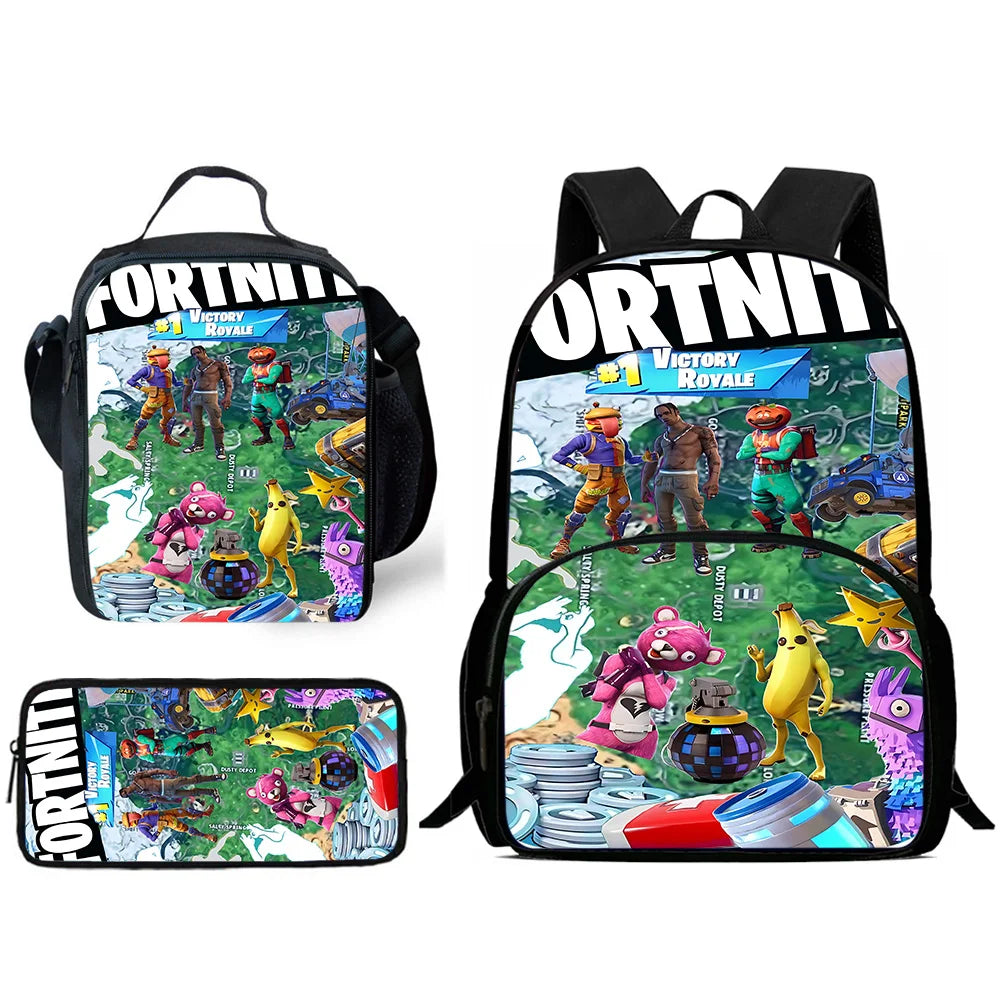 Børnerygsæk med populært spildesign, madtaske og penalhus, skoletaske med stor kapacitet til drenge og piger, perfekt gave F-FortniteS