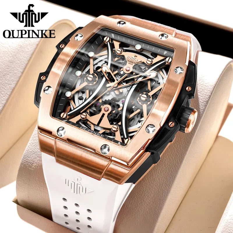 Relógio masculino OUPINKE clássico de luxo com mostrador tonneau, marca de topo, original, automático mecânico, bracelete em silicone e vidro de safira, novo
