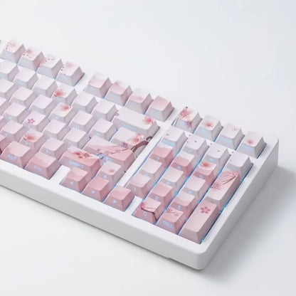 Set di keycap Sakura Pink con incisione laterale, PBT traslucido, 127 tasti, per switch MX e tastiere meccaniche 60/84/90/104/108