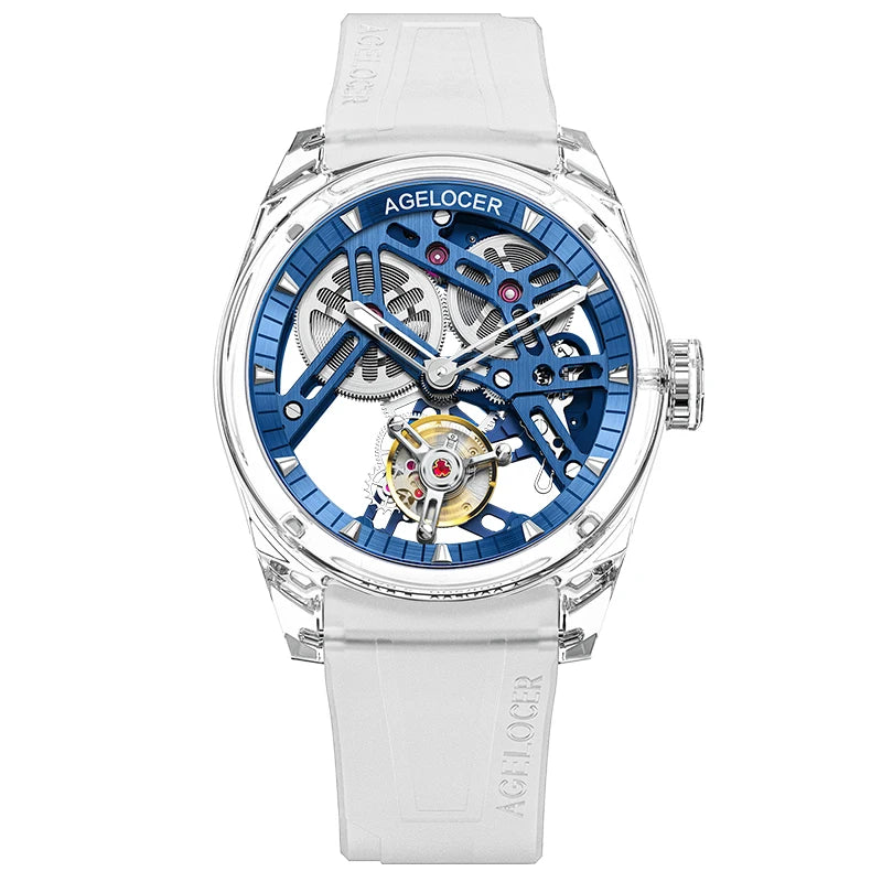 Orologio AGELOCER Limited Edition “Ice Never Melts” con tourbillon in cristallo a spirale libera, orologio meccanico manuale di lusso