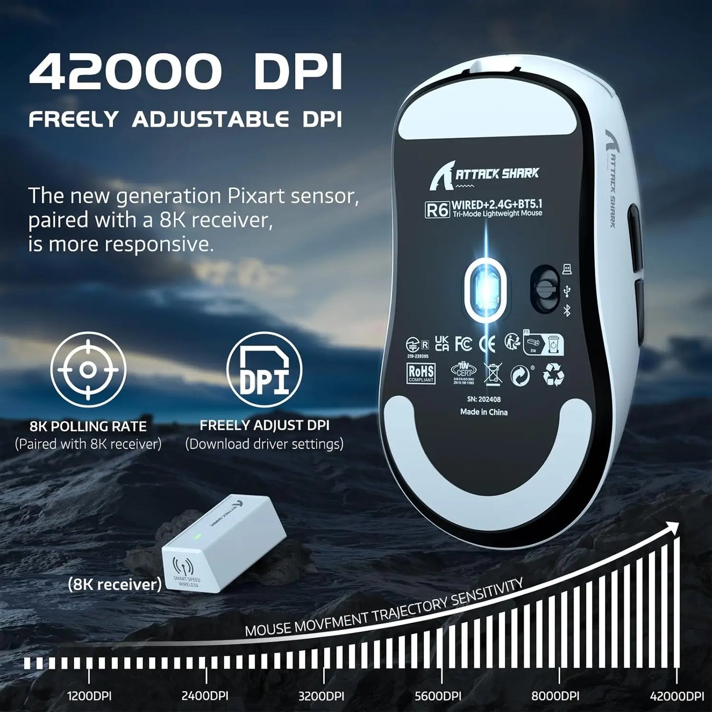 Attack Shark R6 leichte kabellose Gaming-Maus, Computermaus mit PAW 3950Max Sensor und Nordic 52480, 8KHz Polling