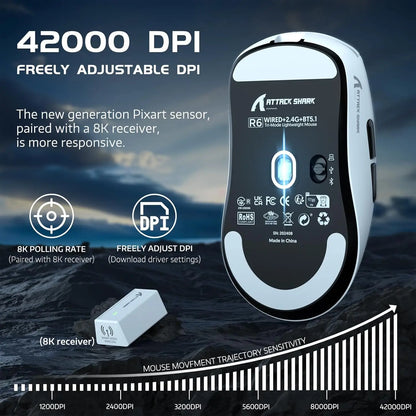 Attack Shark R6 leichte kabellose Gaming-Maus, Computermaus mit PAW 3950Max Sensor und Nordic 52480, 8KHz Polling