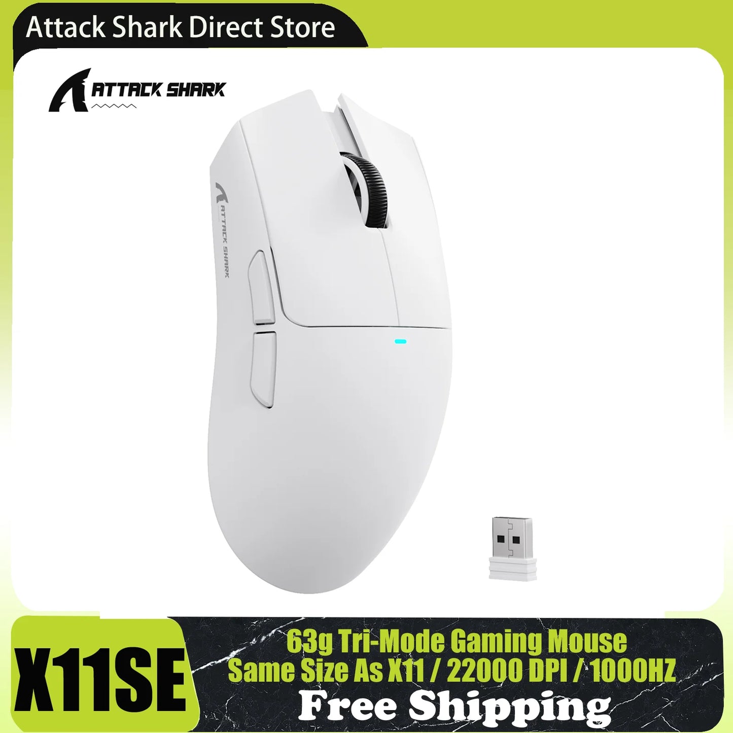 Ratón gaming inalámbrico ATTACK SHARK X11SE, trimodo, superligero de 63g con sensor PAW3311, 22000 DPI, batería de 300mAh, doble controlador