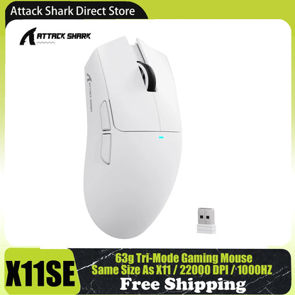 Ratón gaming inalámbrico ATTACK SHARK X11SE, trimodo, superligero de 63g con sensor PAW3311, 22000 DPI, batería de 300mAh, doble controlador