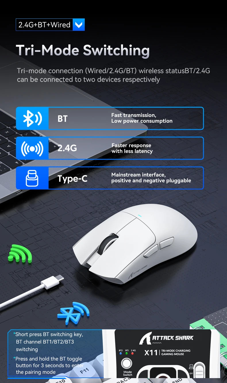 ATTACK SHARK X11 Tri-Mode Lightweight Gaming Mouse have PAW3311,22000DPI,400IPS,40G,59g,Magnetic Fast Charging,RGB backlight