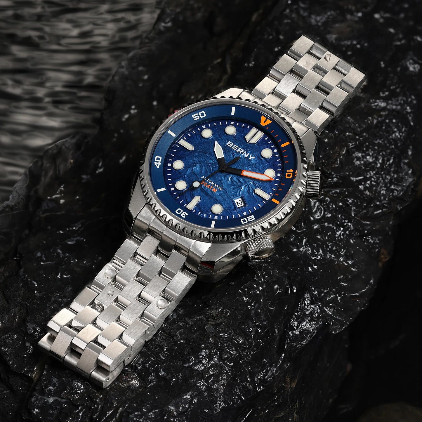 BERNY Automatic Diver Watch for Men Top Luxury Sapphire 316L Steel Blue Dial 200M Waterproof Mechanical Diving Men's Watches