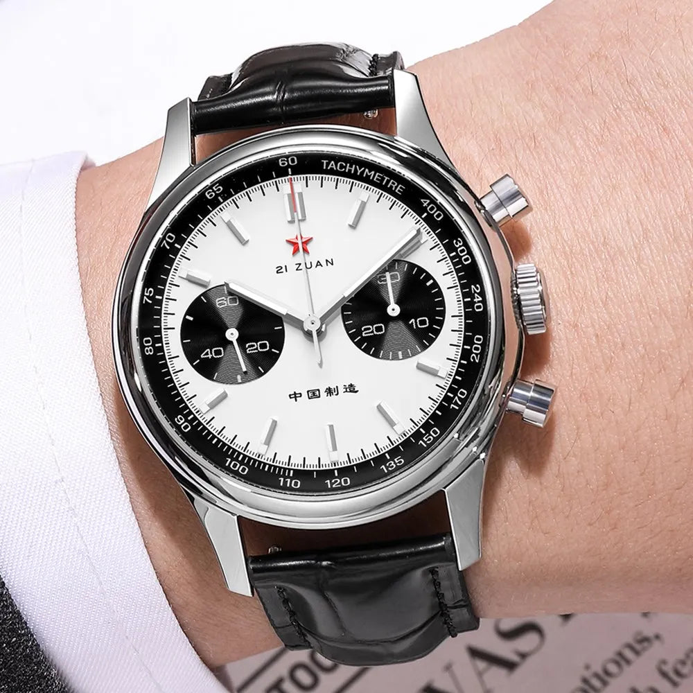 Red Star Panda Men's 1963 Chronograph Mechanical Wristwatch Seagull ST1901 Movement Gooseneck 40mm Luminous Sapphire Pilot Watch
