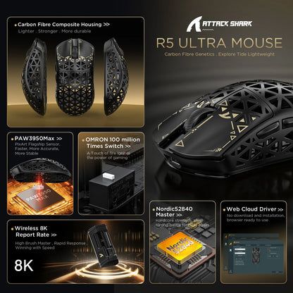 Rato Gaming Sem Fios ATTACK SHARK R5 Ultra em Fibra de Carbono, Sensor Gaming PixArt PAW3950MAX, 42000DPI, 8000Hz, MCU Nordic 52840