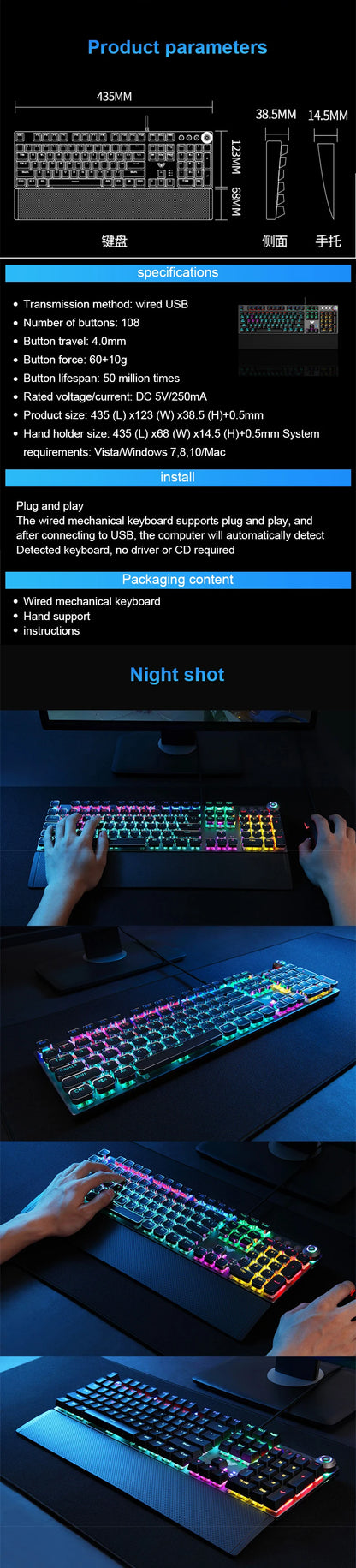 Teclado Mecânico AULA F2088 com Fio para Gaming, Botão Multifuncional, 104 Teclas, Retroiluminação Magic, Programação Macro, Compu