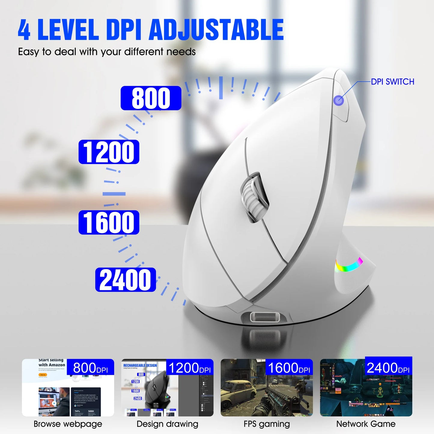 Nuovo mouse verticale wireless 2.4GHz con DPI regolabile, ottico ed ergonomico per il polso, con retroilluminazione gaming, per laptop, tablet, Mac e iPad