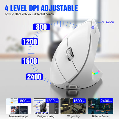 Nuovo mouse verticale wireless 2.4GHz con DPI regolabile, ottico ed ergonomico per il polso, con retroilluminazione gaming, per laptop, tablet, Mac e iPad