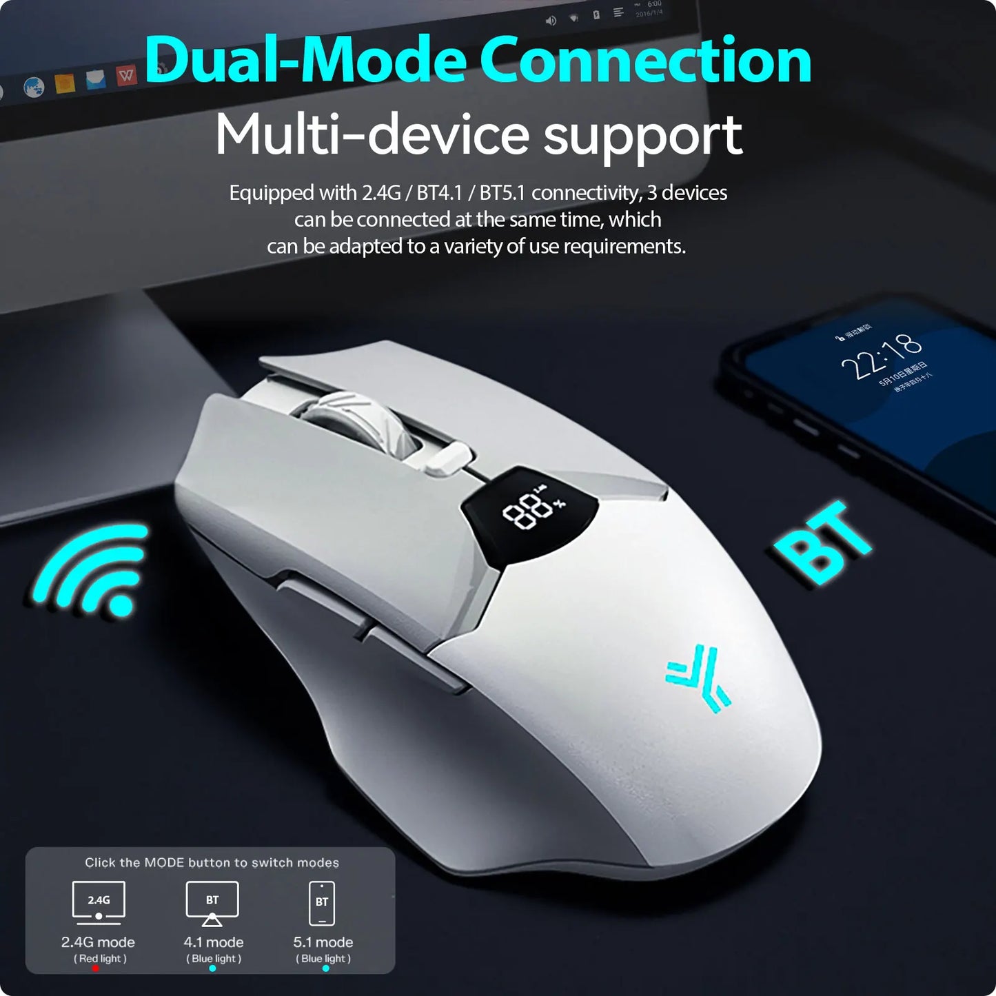 Mouse Bluetooth wireless con display digitale della batteria, mouse ergonomico silenzioso per PC, laptop e gaming, 2.4G/Bluetooth 5.0
