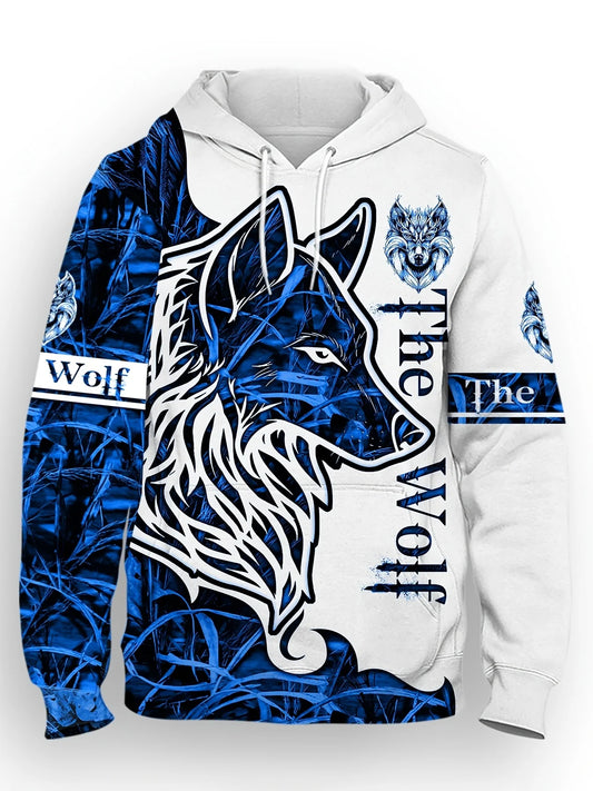 Felpa con cappuccio da uomo per l’autunno, alla moda, personalizzata con stampa lupo, morbida e confortevole, abbigliamento outdoor in stile streetwear
