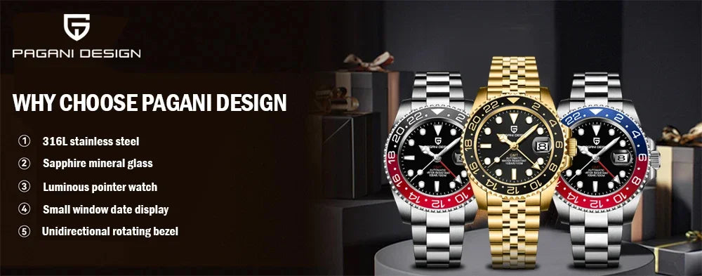 Relógio PAGANI DESIGN 40MM GMT para Homem, Luxo, Safira AR, Mecânico, Luneta em Cerâmica, Automático, 100M à Prova de Água, Relógio para Oferta