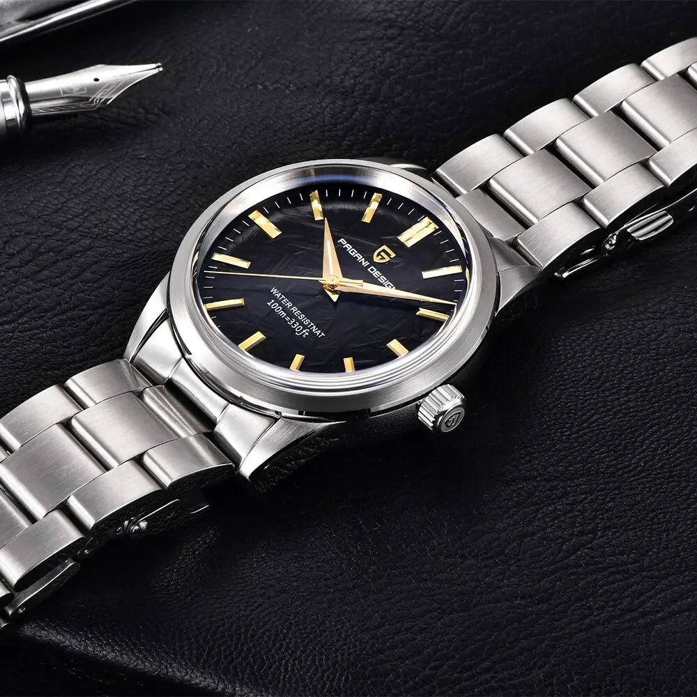 Relógio masculino PAGANI DESIGN 40MM com mostrador de meteorito, quartzo, luxo business, safira, aço inoxidável 316L, resistente à água 100M