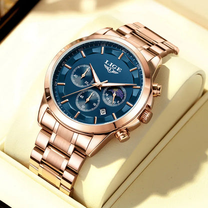 Pánské hodinky LIGE – luxusní quartzový chronograf, vodotěsné (3 bary), s luminiscenčními ručičkami