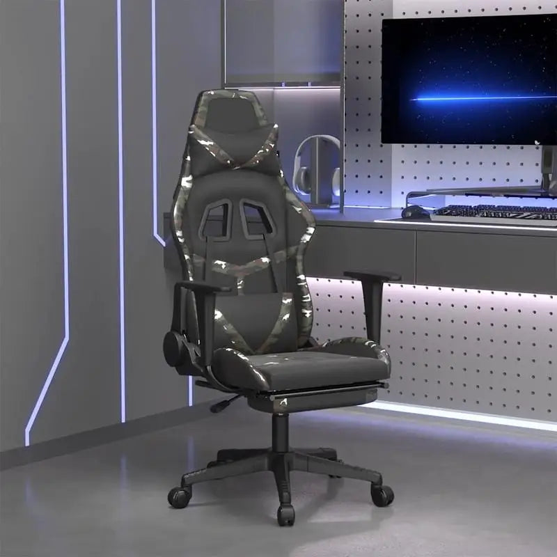 Gaming Chair Massage Footrest Black & Camouflage 67X64X116-127 cm in Imitation Leather, 360° Adjustable Reclining Seat Load Capacity 110 kg