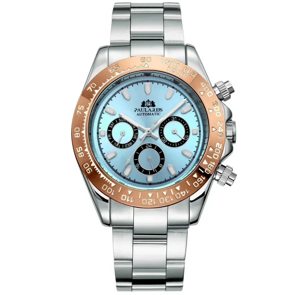 Automatic Watches for Men Mechanical Self Weind Gold Stainless Steel Glacier Ice Blue Chestnut Brown Bezel Reloj Hombre Baratos