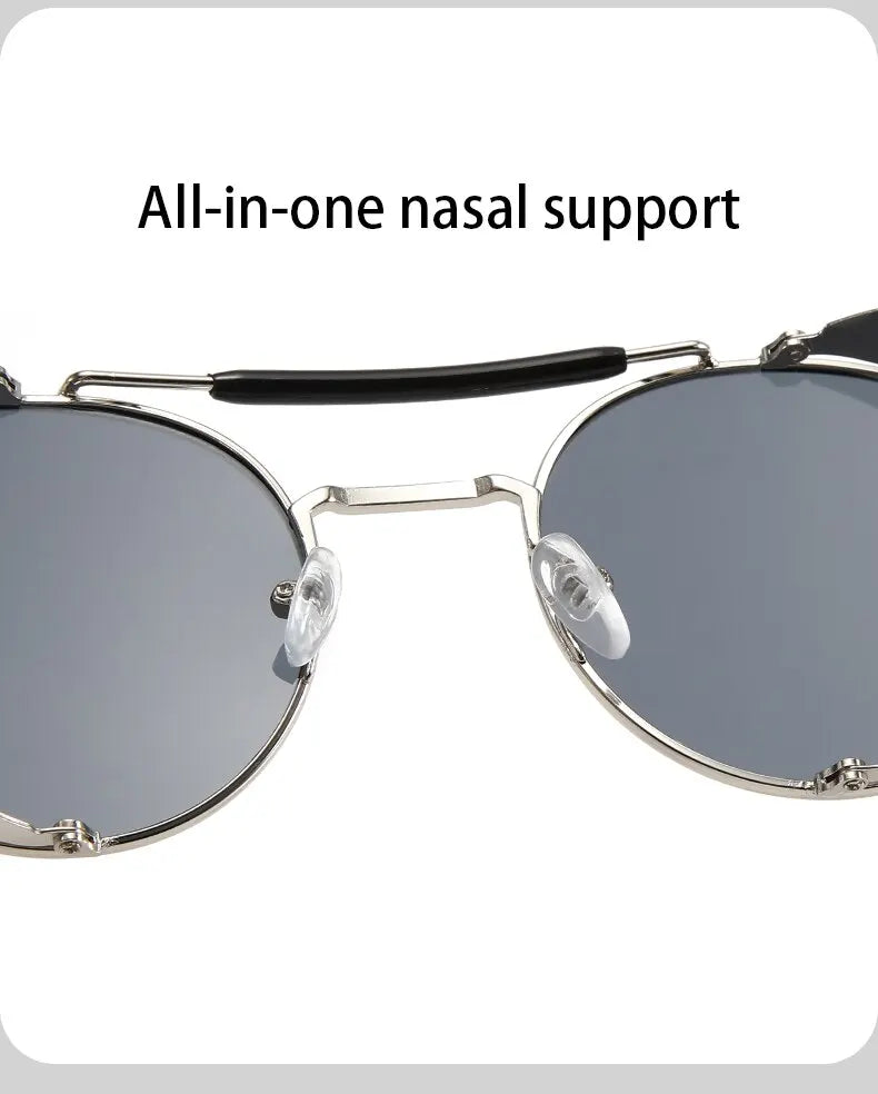2023 Steampunk Side Wind Proof Mesh Flip Round Metal Sunglasses