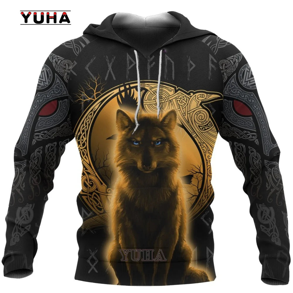 Neuer Wolf-Tattoo-Vegvisir Schwarz-Weiß 3D-Allover-Print Herren-Hoodie & Sweatshirt Unisex Casual Herbst-Trainingsanzug