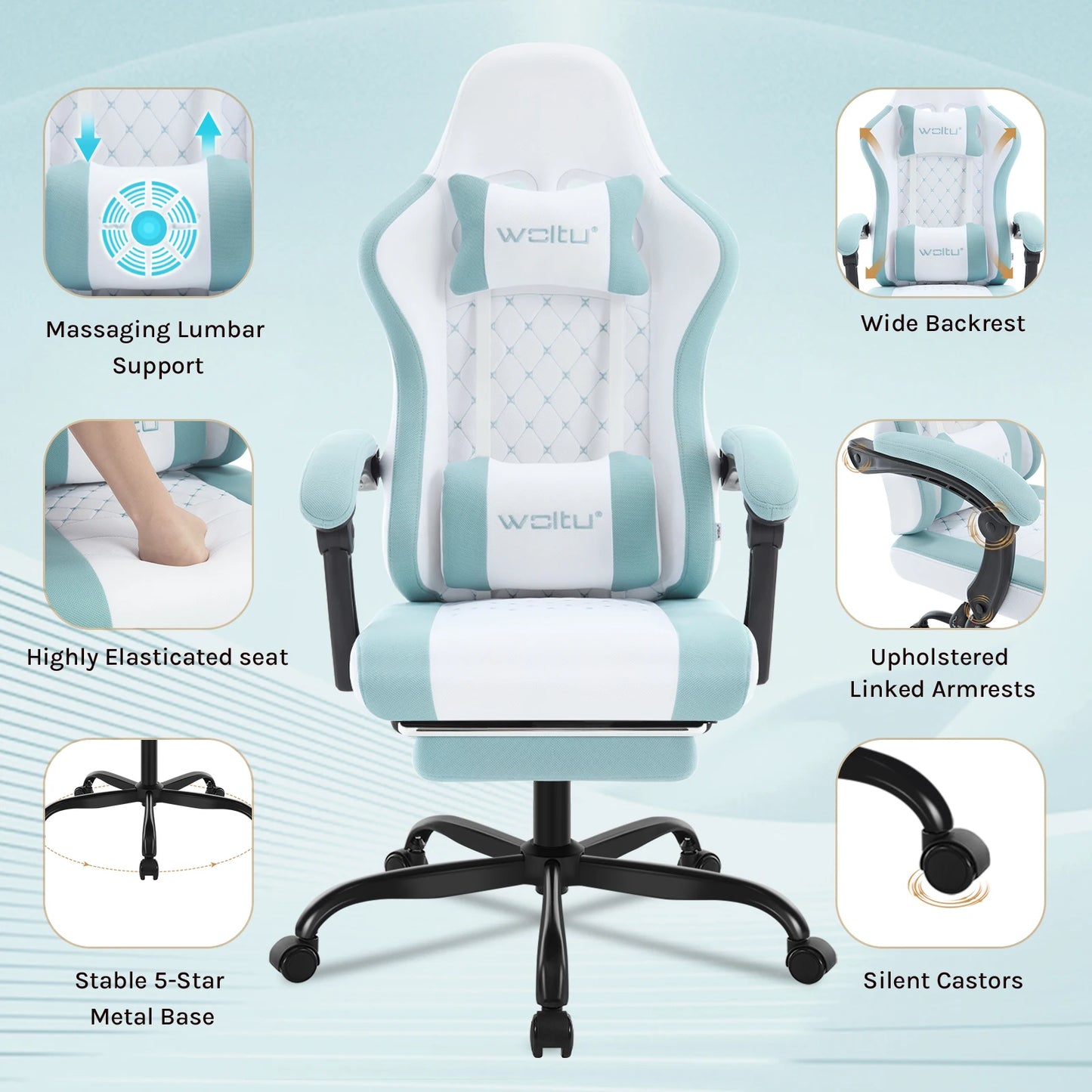 Sedia da ufficio girevole WOLTU con funzione massaggio, poltrona ergonomica con cuscino e poggiapiedi, sedia gaming regolabile in altezza