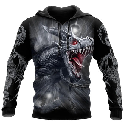 Sweatshirt com capuz para homem, unissexo, de manga comprida, outono/inverno, com estampado 3D de dragão e estilo tatuagem, pullover streetwear casual tipo fato de treino