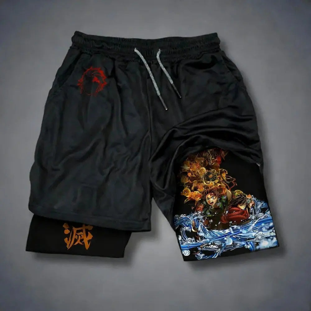 Anime Demon Slayer Gym Shorts Men Quick Dry Pants Double-layer 2-in-1 Shorts Y2K Sportswear Summer 2026 Breathable Streetwear