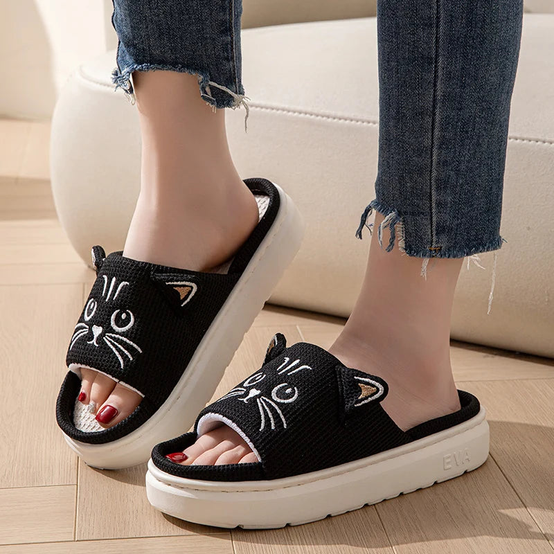 Claquettes plates en EVA pour femmes, motif chat de dessin animé, pour la maison, printemps-été, chaussures de créateur, sandales d'intérieur souples antidérapantes à bout ouvert pour filles