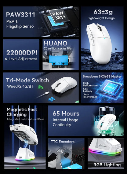 Attack Shark X11&R1 Tri-Mode-Bluetooth-Wireless-Maus mit Ladestation, RGB, ergonomische leichte Maus, PC-Gaming-Zubehör