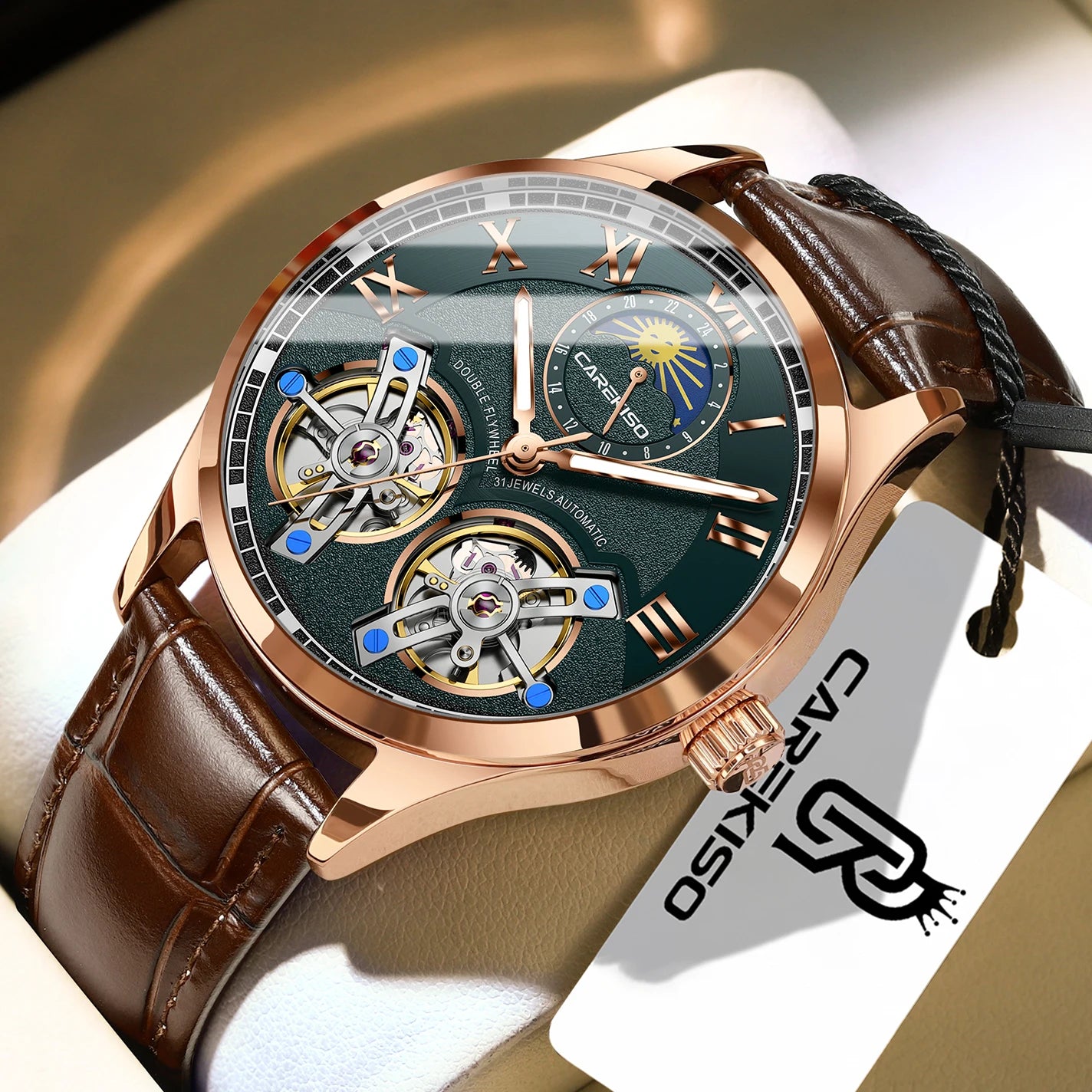 CAREKISO Fashion Men's Clock Double Hollow Tourbillon Automatic Mechanical Man Watch Waterproof Luminous Leather Men's Watches+Box