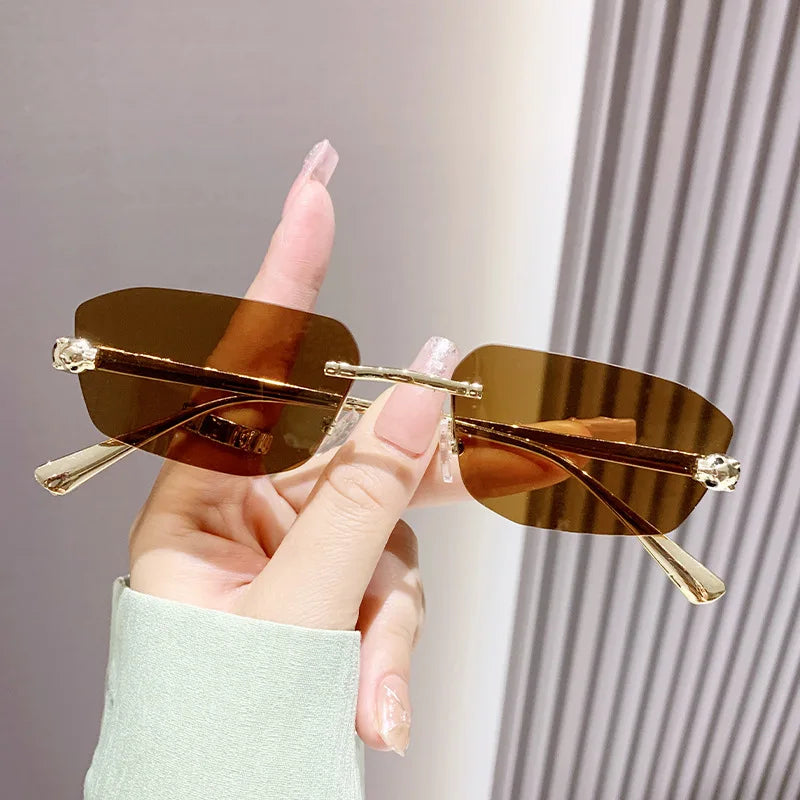 Popular Brand Brown Square Women Sunglasses Fashion Luxury Rimless Rectangle Sun Glasses Female Shades UV400 Vintage Eyewear