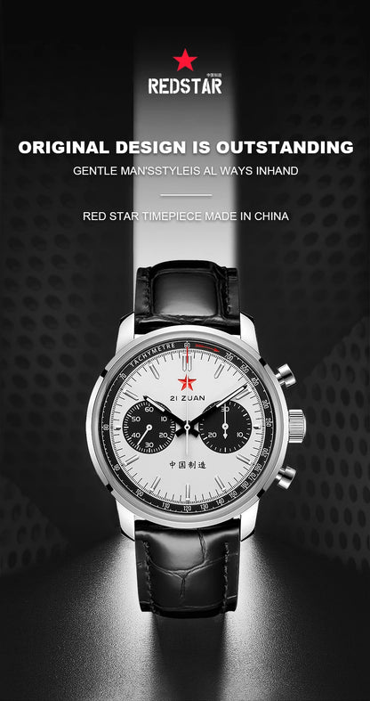 Red Star Panda Men's 1963 Chronograph Mechanical Wristwatch Seagull ST1901 Movement Gooseneck 40mm Luminous Sapphire Pilot Watch