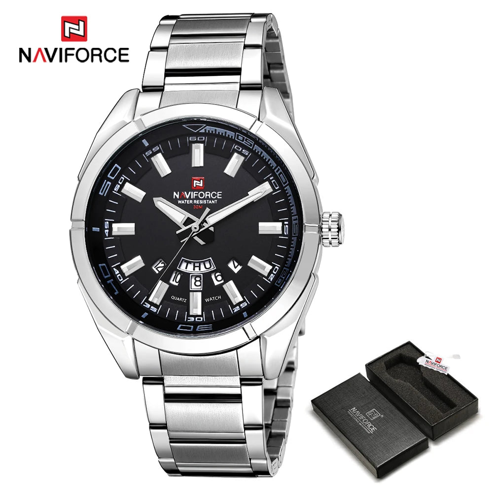 „NAVIFORCE“ vyriškas laikrodis, pagamintas iš plieno, atsparus vandeniui, kasdieniško stiliaus, su kvarciniu mechanizmu ir datos rodikliu – prabangus vyriškas rankinis laikrodis, pagamintas vienos iš pirmaujančių prekių ženklų.