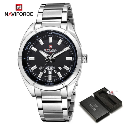 „NAVIFORCE“ vyriškas laikrodis, pagamintas iš plieno, atsparus vandeniui, kasdieniško stiliaus, su kvarciniu mechanizmu ir datos rodikliu – prabangus vyriškas rankinis laikrodis, pagamintas vienos iš pirmaujančių prekių ženklų.