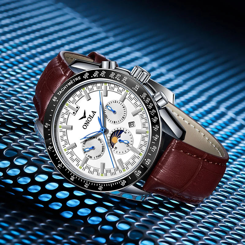 Relógio mecânico para homem ONOLA – Relógio automático de luxo com um estilo descontraído, com bracelete em pele e mostrador perfurado