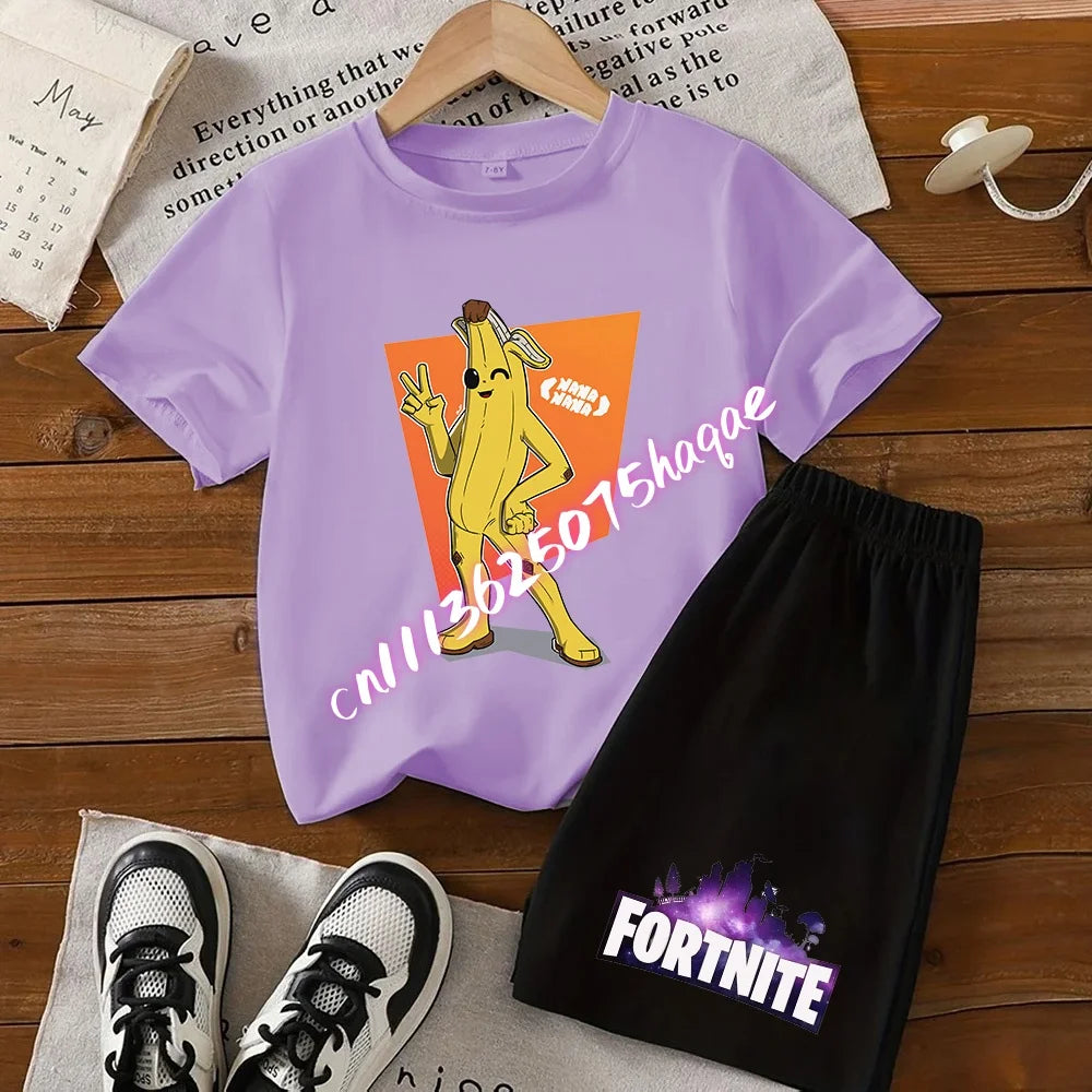 Conjunto de T-shirt e calções Fortnite Series para criança, top e calças inspirados em jogo popular, outfit de verão para casa, confortável e adorável, presente de aniversário