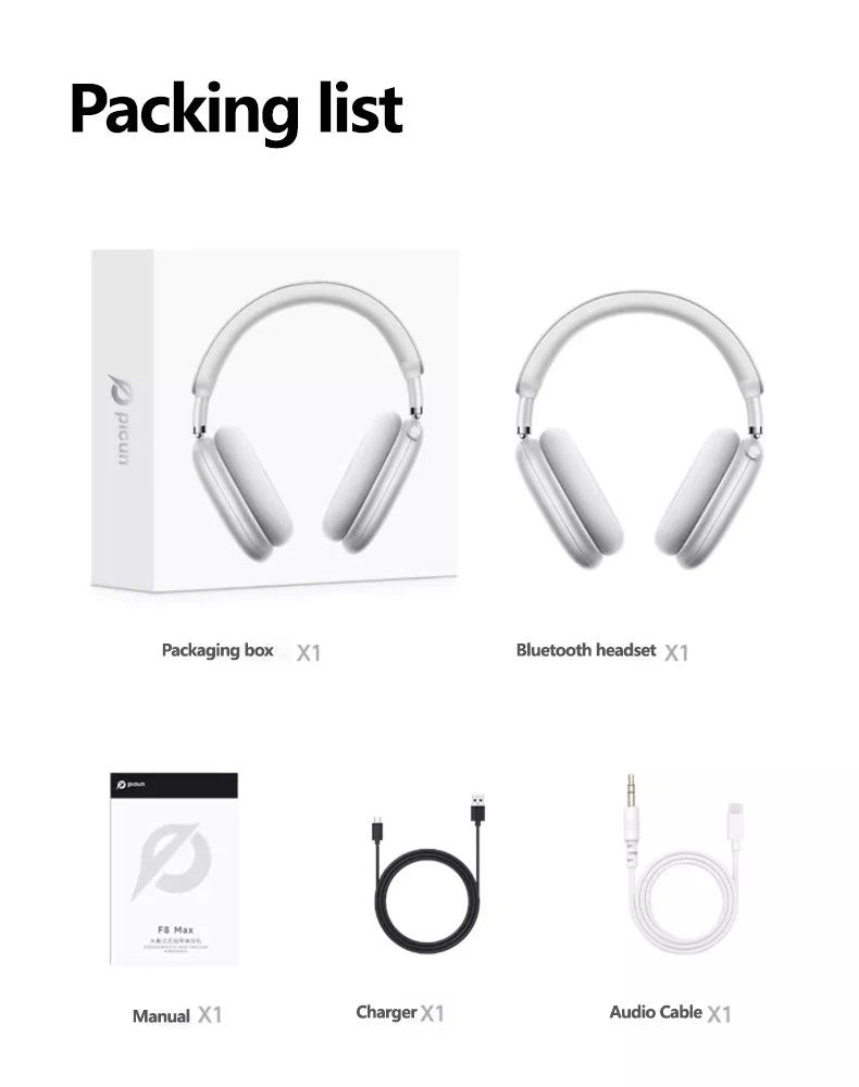 Auscultadores Sem Fios Picun F8MAX ANC com Cancelamento Ativo de Ruído Híbrido de 59dB, Áudio Espacial, Bluetooth 6.0, Over Ear, 180H
