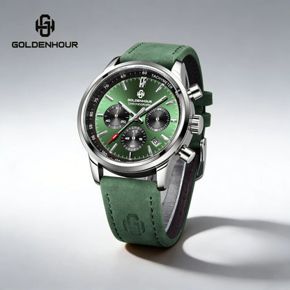 Luxusné pánske hodinky GOLDENHOUR – kremeňový chronograf, zelený ciferník, kožený remienok, vodotesné, luminiscenčné, vojenský a športový štýl