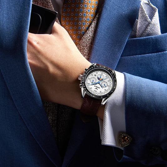 Reloj mecánico para hombre ONOLA: reloj automático de lujo de estilo desenfadado, con correa de piel y esfera calada
