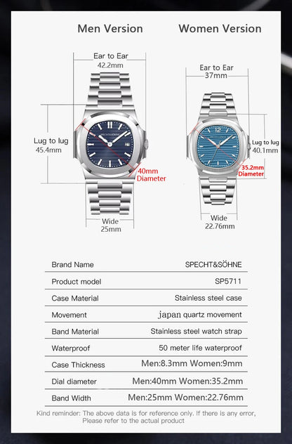 Specht & Söhne New Arrivals Men's Watch Rose Gold 5711 Classic Sports Watches Ultrathin Stainless Steel Sapphire 50M Waterproof