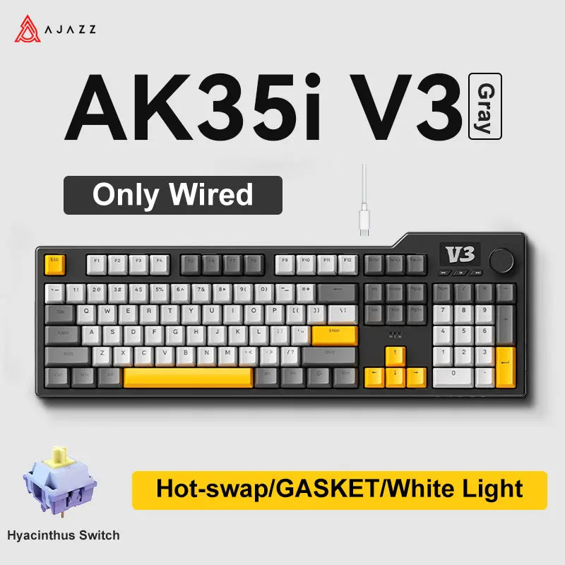 Neue AJAZZ AK35I V3 MAX Tri-Mode kabelgebundene Bluetooth-Wireless-Gaming-Tastatur mit Gasket-Struktur, Full-Key-Hot-Swap, 104 Tasten, individuell anpassbare Tastatur