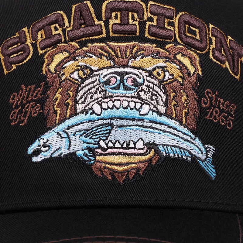 2025 New Bear Eating Fish Street Dance Hip Hop Hat Truck Hat Outdoor Skateboarding Hat Sunshade Baseball Hat Breathable Mesh Hat