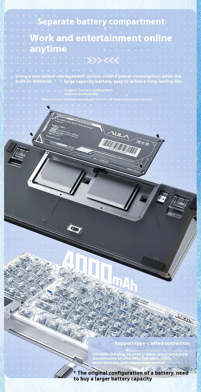 AULA F98PRO Wireless Mechanical Keyboard Transparent Keycaps RGB Backlit Custom 2.4G Hot Swappable Gaming Keyboard With Screen