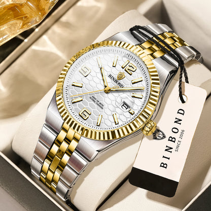 Relógio de pulso de luxo BINBOND com movimento de quartzo, luminoso, estanque, data automática, para homem, em aço, estilo empresarial, desportivo, moderno e casual.