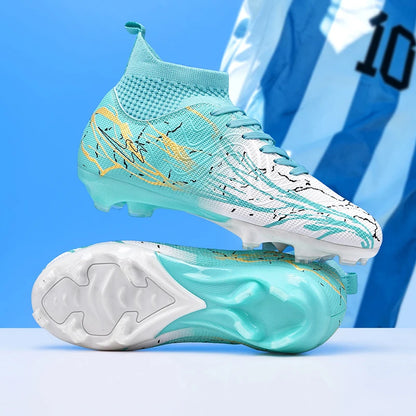 Nouvelles chaussures de football pour hommes, très vendues, chaussures de football à tige haute, crampons de futsal pour terrain en herbe, baskets d'intérieur de haute qualité, antidérapantes pour l'extérieur.